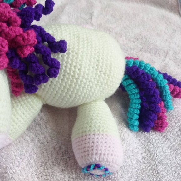 Unicorn plush. Curlicue mane, tail. Customizable initials, colors! Artisan made - Picture 9 of 15